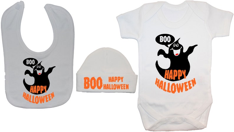 Happy Halloween Baby Clothing Set Bodysuit Romper Vest T-Shirt Feeding Bib /& Beanie Hat Cap Set 0 to 12 Months 5 Colour Options