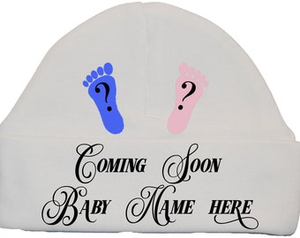 Personalised Gender Reveal Coming Soon Baby Beanie Hat, Cap Newborn Boy Girl