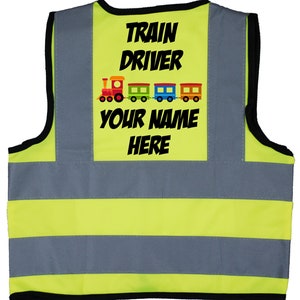 Personalisierte Lokführer Farbe Pic Baby Kinder Kinder Hi Vis Sicherheitsjacke 0 bis 8 Jahre Optionale Personalisierung zur vorderen Lokomotive