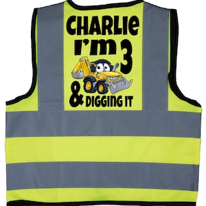 Personalisierter Name mit Alter. & ich Grabe Es Gelb Bagger Baby Kleinkind Kinder Kinder Hi Vis Sicherheitsjacke Optional Text Nach vorne. Bagger