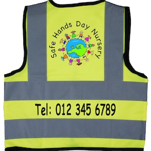 Chaqueta de alta visibilidad personalizada para niños. Logotipo, texto e imagen personalizados. Para escuelas y guarderías. Texto opcional en la parte frontal.