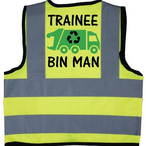 Trainee Bin Man Baby, Kinder, Kleinkind Gelb Hi Vis Sicherheitsjacke Größen 0 bis 9 Jahre Optional Auf der Vorderseite personalisiert, Recycling