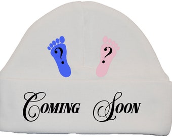 Gender Reveal Coming Soon Baby Beanie Hat, Cap Newborn Boy Girl