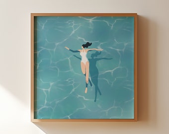 Woman Floating in Water | Swimming Pool Art | Summer Beach Poster | Digital Download | Printable Wall Art