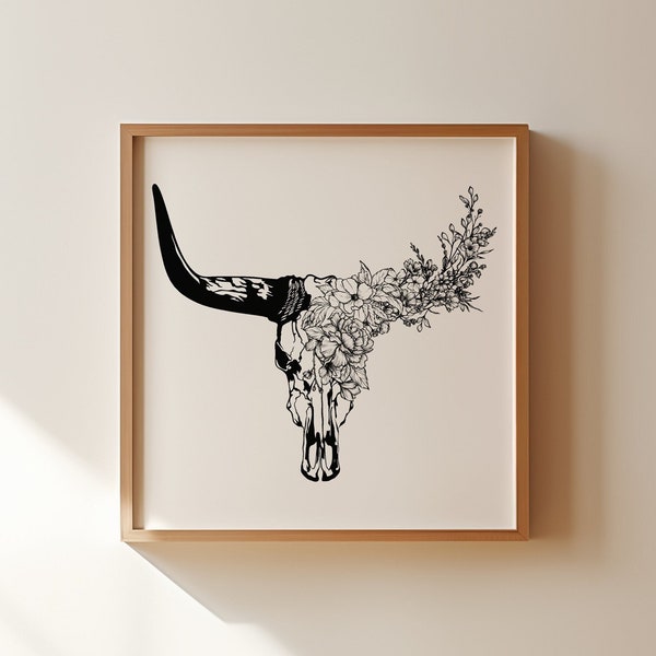 Longhorn Bull Skull Print | Horizontal Cow Skull with Flowers Poster | Southwestern Art | Desert House Decor | Digitial Download
