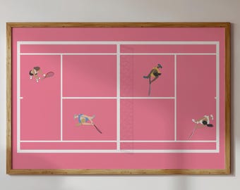 Pink Tennis Court Print | Retro Cute Tennis Art | Gift for Tennis Player Aerial Minimalist People Art Office College Dorm Art Physical Print
