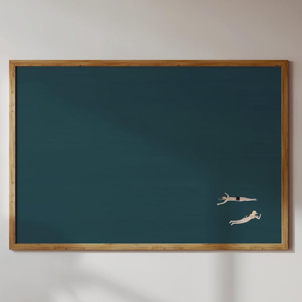 Pareja flotando en la piscina horizontal azul marino, arte de pared de piscina / impresión de piscina de verano / arte minimalista de casa de playa, impresión física sin marco