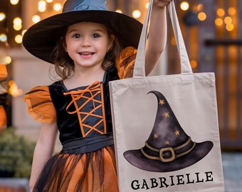 Personalized Halloween Trick or Treat Bag | Custom Kids Canvas Tote Bag Halloween Candy Bag Witch Hat Gift Goodie Bag Halloween Party Favor