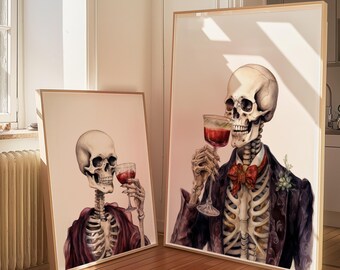 Skeleton Couple Drinking Wine | Set of 2 Art Prints | Halloween Art | Dark Academia Poster | Gothic Dining Room Decor | Digital Download
