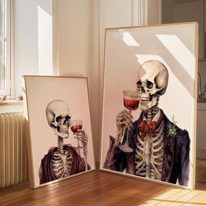 Skeleton Couple Drinking Wine | Set of 2 Art Prints | Halloween Art | Dark Academia Poster | Gothic Dining Room Decor | Digital Download