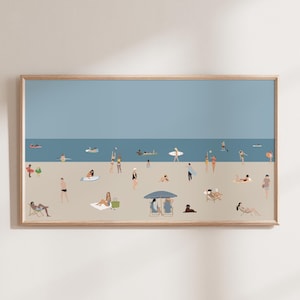 May include: A framed illustration of a beach scene with a blue sky and a sandy beach. There are many people on the beach, some swimming, some sunbathing, and some playing in the sand.