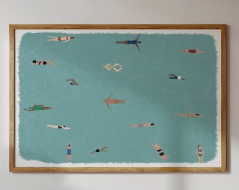 Tiny People Swimming in Pool Art | Swimming Pool Print | Summer Wall Poster Minimalist Water Art  College Dorm Unframed Matte Physical Print