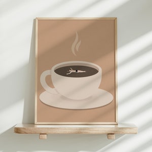 Man Floating in Coffee Cup Tiny People Swimming Art Gift for Swimmer Coffee Lover Minimalist Print Cute Coffee House Decor Digital Download