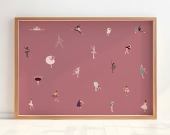Tiny Ballerinas Print | Minimalist Ballet Dancers Art | Gift for Dancer Dusty Rose Horizontal Girl Room Decor Poster Matte Physical Print