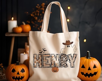 Custom Retro Cowboy Halloween Canvas Tote Bag Personalized Cute Trick-Or-Treat Bag Halloween Kid Gift Toddler Goodie Food BasketBag Monogram
