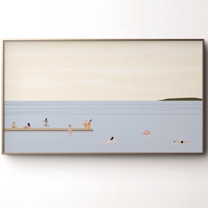 Puede incluir: Una ilustración digital de un grupo de personas nadando y relajándose en un muelle de madera en un cuerpo de agua azul. El cielo es de color amarillo claro y hay una pequeña isla en la distancia.