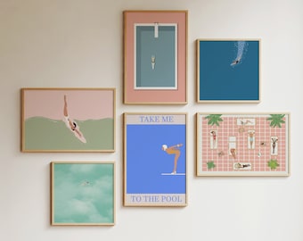 Set of 6 Minimalist Pool Prints | Tiny People Swimming Art | Gallery Wall Art Set | Swimming Pool Art | Beach House Decor | Digital Download