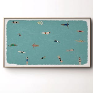 Arte minimalista de personas con piscina y marco para TV / Arte para TV con marco Samsung / Televisión minimalista de casa de playa, decoración de casa de lago / Descarga instantánea