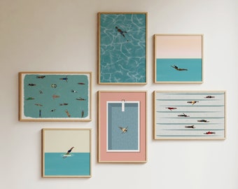 Set of 6 Minimalist Pool Prints | Tiny People Swimming Art | Gallery Wall Art Set | Swimming Pool Art | Beach House Decor | Digital Download