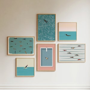 May include: A collection of framed prints featuring abstract designs of swimmers in a pool. The prints are in various colors, including blue, green, and pink. The prints are arranged in a grid pattern on a white wall.