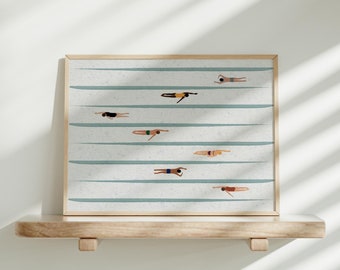 Tiny Swimmers in Pool Print | Horizontal Swimming Pool Print | Cute Summer Poster | Minimalist Wall Art | Beach House Decor Digital Download