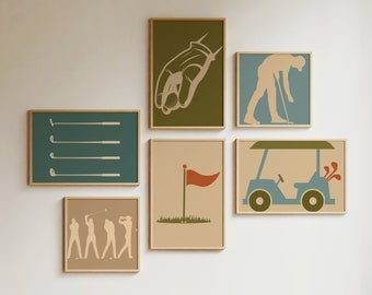 Set of 6 Retro Golf Prints | Office Wall Art | Golfing Posters | Gift for Golfer | Father's Day Gift | Gallery Wall Art | Digital Download