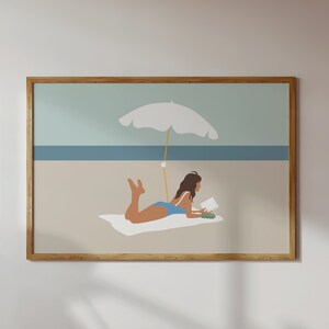 Woman Reading at Beach Print | Minimalist People Art | Summer Poster | Swimming Print | Beach House Decor | Digital Download