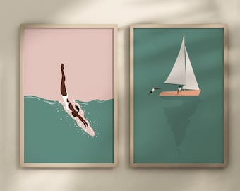 Set of 2 Minimalist Swimming Ocean Prints | Tiny Swimmers Print | Beach House | Tiny Boat Summer Poster | Pool House Art | Digital Download