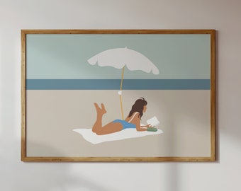 Woman Reading at Beach Print | Minimalist People Art | Summer Poster | Swimming Print | Beach House Decor | Digital Download