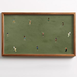 May include: A framed illustration of a green golf course with 11 golfers in various poses, all wearing different colored clothing.