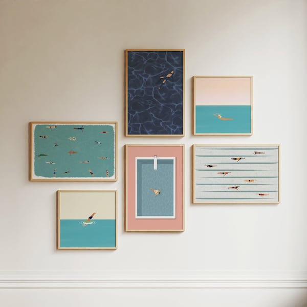 Conjunto de 6 impressões minimalistas de piscina | Arte de pessoas pequenas nadando | Conjunto de arte de parede de galeria | Arte de piscina | Decoração de casa de praia | Download digital