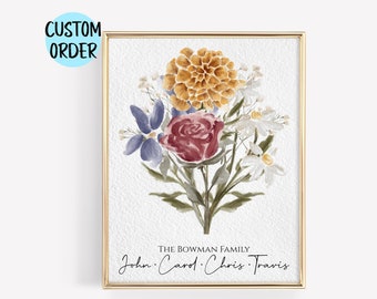 Family Birth Flower Bouquet | Watercolor Birth Month Flower Unique Gift for Mom Christmas Gift CUSTOM Personalized Gift Matte Physical Print