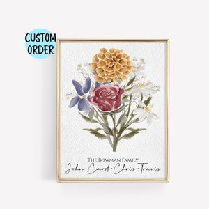 Family Birth Flower Bouquet | Watercolor Birth Month Flower | Gift for Mom | Christmas Gift | CUSTOM Personalized Gift | Physical Print