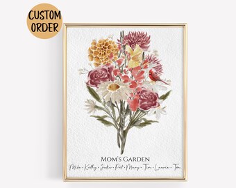 Family Flower Bouquet Watercolor Birth Month Flower Art CUSTOM Personalized Christmas Gift for Mom Lost Loved One Gift Digital Download Art