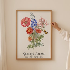 Birth Flower Family Bouquet Custom Digital Print Personalized Gift Mother&#39;s Day Watercolor Decor Grandparent Gift Floral Family Portrait Art