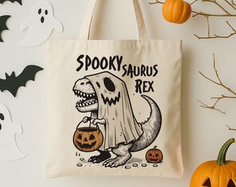 Halloween Spookysaurus TREX Tote | Dinosaur Kids Trick-Or-Treat Candy Bag | School Halloween Boy Gift T-Rex Skeleton Toddler Goodie Basket