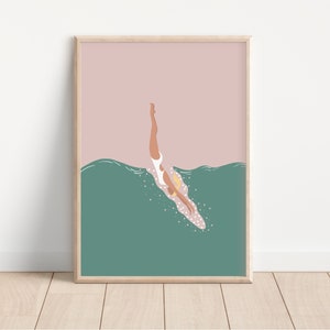 Woman Diving in Pool Print | Jumping in Pool Print | Minimalist Swimming Pool Art | Tiny People Summer Poster | Physical Art Print Option