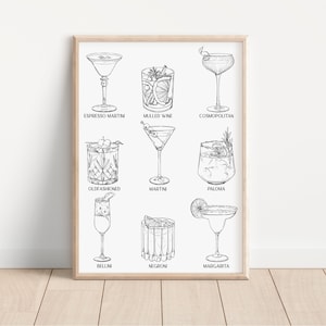 Minimalist Cocktail Print | Bar Cart Decor | Line Art Black and White Modern Art | Whiskey Bar Art | Trendy Drink Poster | Physical Print