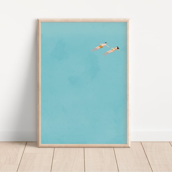 Hombre y mujer flotando en la piscina / Arte mural de natación / Regalo de San Valentín para pareja / Póster de verano / Decoración de casa de playa / Impresión artística física