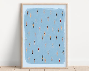 Swimming in Watercolor Art | Tiny People Swimming Pool Print | Summer Poster Beach House Decor Minimalist Wall Art | Unframed Physical Print