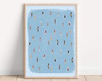 Swimming in Watercolor Art | Tiny People Swimming Pool Print | Summer Poster | Beach House Decor | Minimalist Wall Art | Physical Art Print