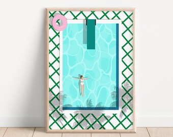 Girl In Pool Art | Swimming Pool Print | Tiny People Swimming | Summer Wall Poster | Swimming Art | Kids Room Decor Matte Physical Art Print