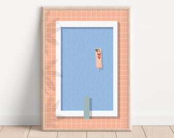 Swimmer Floating Retro Pool Print | Minimalist Pink Pool Art | Vintage Summer Poster | Tiny People Swim | Matte Physical Art Print Option