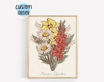 Grandma&#39;s Garden Birth Flower Print | Mom&#39;s Flower Garden Gift Family Birth Month Flowers Custom Order Antique Flower Print Digital Download
