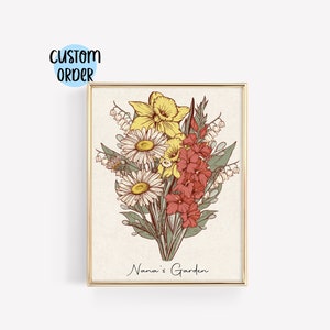 Grandma&#39;s Garden Birth Flower Print | Mom&#39;s Flower Garden Gift Family Birth Month Flowers Custom Order Antique Flower Print Digital Download