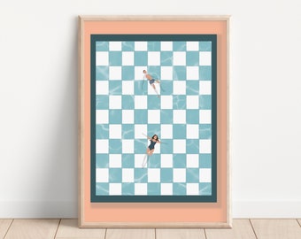 People at Pool Print | Retro Checkerboard Pool | Summer Poster | Tiny People Swimming | Beach Pool House Decor Unframed Matte Physical Print