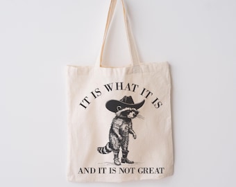 Funny Cowboy Racoon Retro Western Tote Bag | Everyday Cute Tote Bag Gift for Her | Best Friend Gift Under 20 Teacher School Canvas Tote Bag