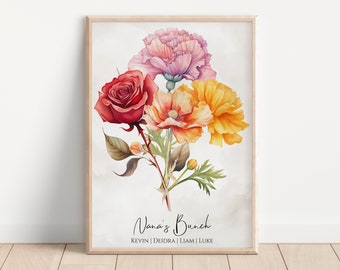 Ramo de flores de nacimiento / Regalo personalizado / Arte floral del mes de nacimiento / Regalo imprimible personalizado / Impresión de jardín personalizada / Descarga digital