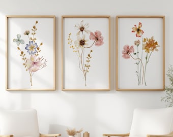 Set of 3 Dried Wildflower Bouquets | Triptych Floral Wall Art | Pressed Flower Bouquet Gallery Wall Art Digital Download Printable Wall Art