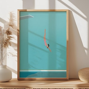 Woman Jumping in Pool Print | Diving in the Pool Print | Minimalist Swimming Pool Art | Summer Wall Poster | Digital Download Printable Art
